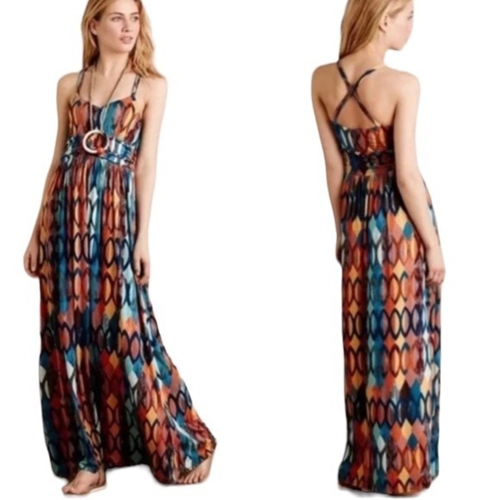 Anthropologie Maeve Noetzie Multicolor Geometric Crisscross Back Maxi Dress Med